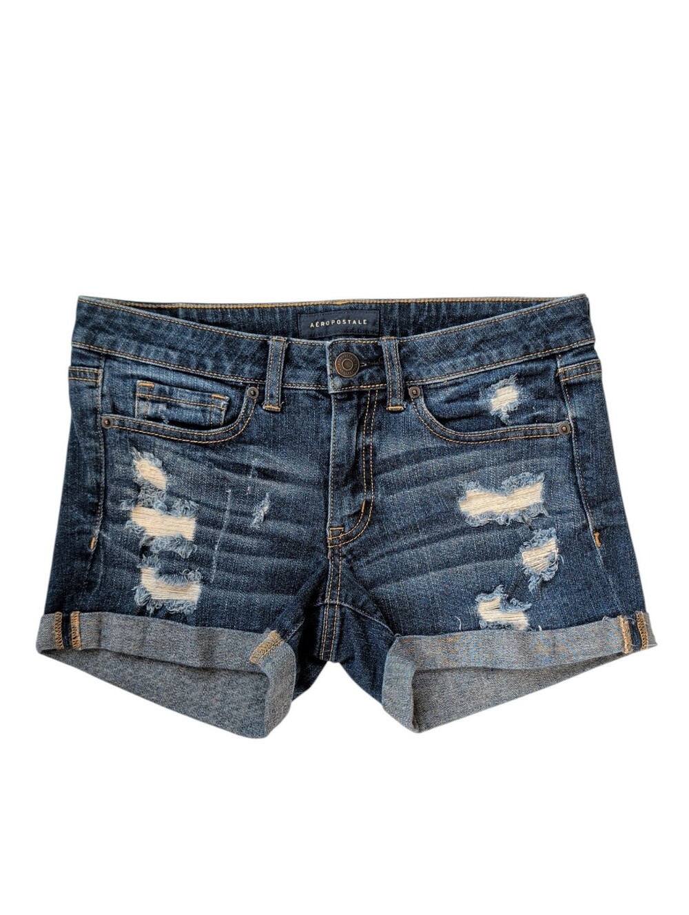 Aeropostale Distressed Tacked Rolled Cuff Denim Midi Shorts Jorts 4 Blue Pockets